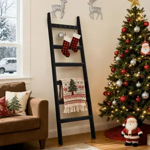 6-Tier Blanket Ladder for Living Room and Bedroom,5.4 Ft Wall Leaning Quilt Rack with Hooks,Rustic Decorative Farmhouse Blanket Storage,Stylish Ladder Holder,Christmas Decorations,Black