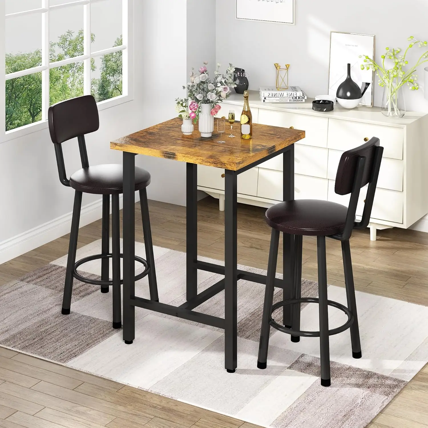 DKLGG 3-Piece Pub Dining Table Set with Chairs - 24in Wood Top Kitchen Counter Height Bistro Set, Easy-Assemble for Small Space Breakfast Nook, Ideal for Basement Home Bar Coffee Bar Decor