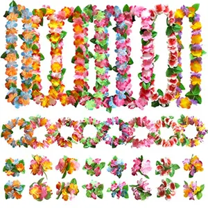 32pcs Hawaiian Leis Party Decorations Necklace Flowers Bracelets Headband Tropical Hawaiian Party Night Bar Vacation