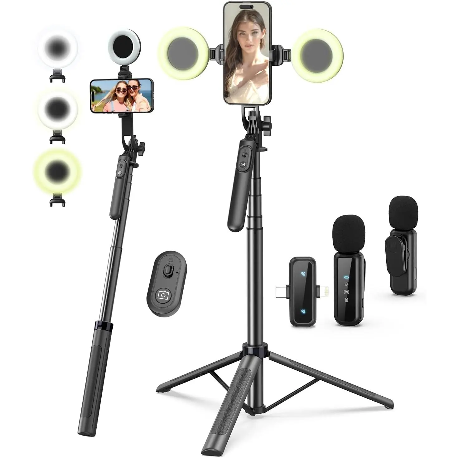Vlogging Kit for iPhone/Android, 71" Selfie Stick Tripod for iPhone with Fill Light, Wireless Mic & Remote, Adjtable Aluminum Phone Tripod for TikTok/YouTube Content Creator Essentials Starter Kit‌