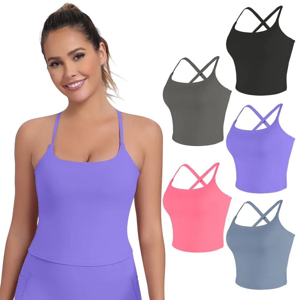 CRAZY YOGA 1/3/5 PCS Adjustable Straps Built-in Bra Tank Top - Criss Cross VS Spaghetti Thin Straps & Scoop Neck, Slim Cute Buttery Soft Thicker Fabric Longline Sports Bra with Built-in One-Piece Bra Pads Yoga Wear Fitness Yoga Gym Activewear