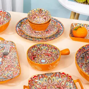Boho Style Ceramic Bowl Set, 4 Counts/set Colorful Floral Pattern Bowl & Plate, Vintage Tableware Set for Home Kitchen Dining Room, Ceramic Dish Set
