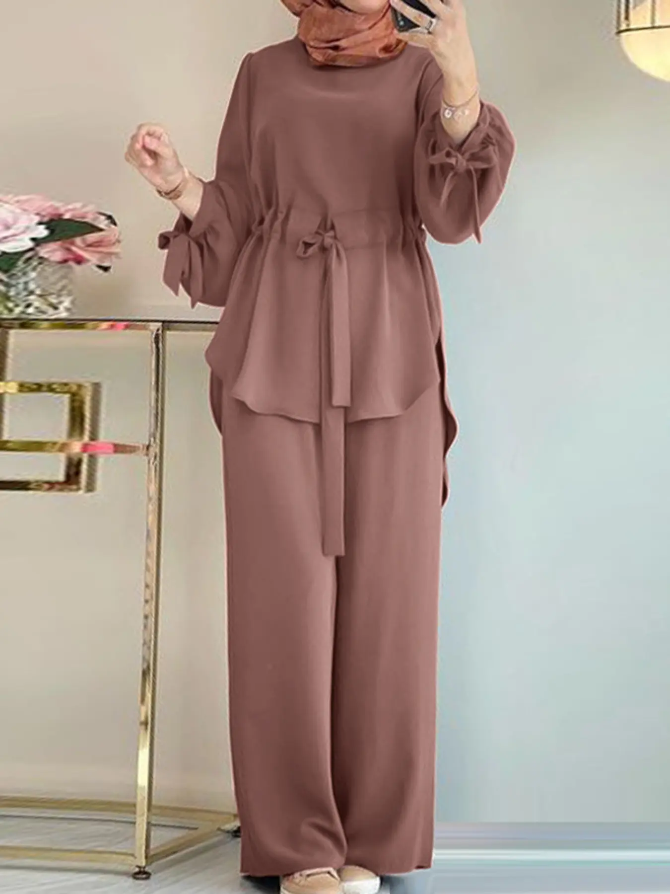 Women's Casual Set Outfit, Two Piece Drawstring Bubble Sleeves Wide Leg Pants Design, Daily for Travel Commuting, Loose Fit Long Sleeve Suit, Clothing