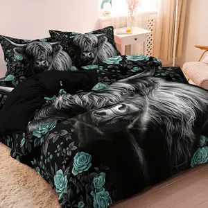 3pcs Floral Theme Bedding Set Black Background Highland Cow Teal Rose Print Duvet Cover (1 Duvet Cover + 2 Pillowcases, No Comforter, No Pillow)for Home Or Dorm Bedrooms Hotels Use