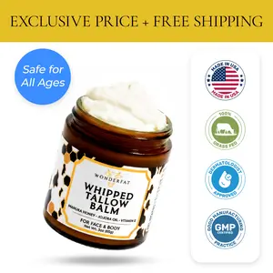 WonderFat Whipped Tallow Balm Body Care Natural Moisturizer with Manuka Honey Jojoba Oil Vitamin E Face & Body 3oz Deep Moisturizing Cosmetic Hydrating