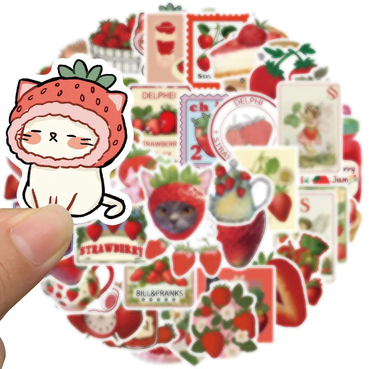 Strawberry Pattern Sticker, 50pcs/set Cartoon Cute Strawberry Vinyl Decorative Decals, Funny Sticker for DIY Water Bottle Journal Scrapbook Guitar, Graphic Decal