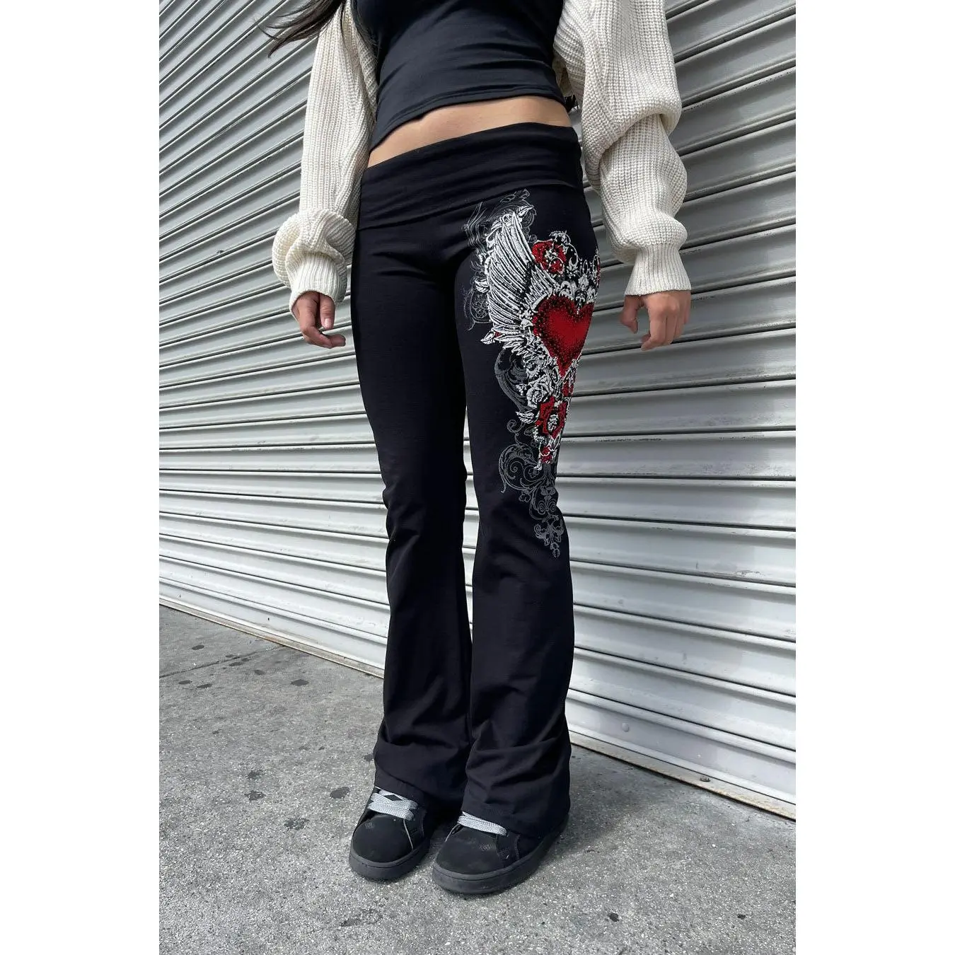 Y2K McBling Red Heart Graphic Rhinestone Print Fold-Over Flare Pants