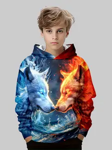 Boys' 3D Wolf Print Hoodie Sweatshirt, Long Sleeve Casual Pullover, Spring & Fall Outdoor Sports Wear, Durable Fabric, Graphic Print Hoodie