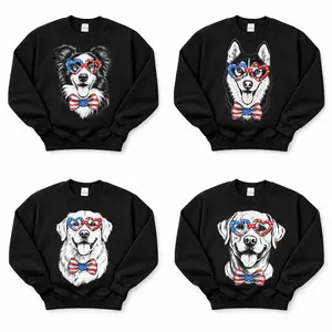 Cute Patriotic Dog Sweatshirt Black & White – (25 Dog) Heart Glasses, American Flag Bow Tie