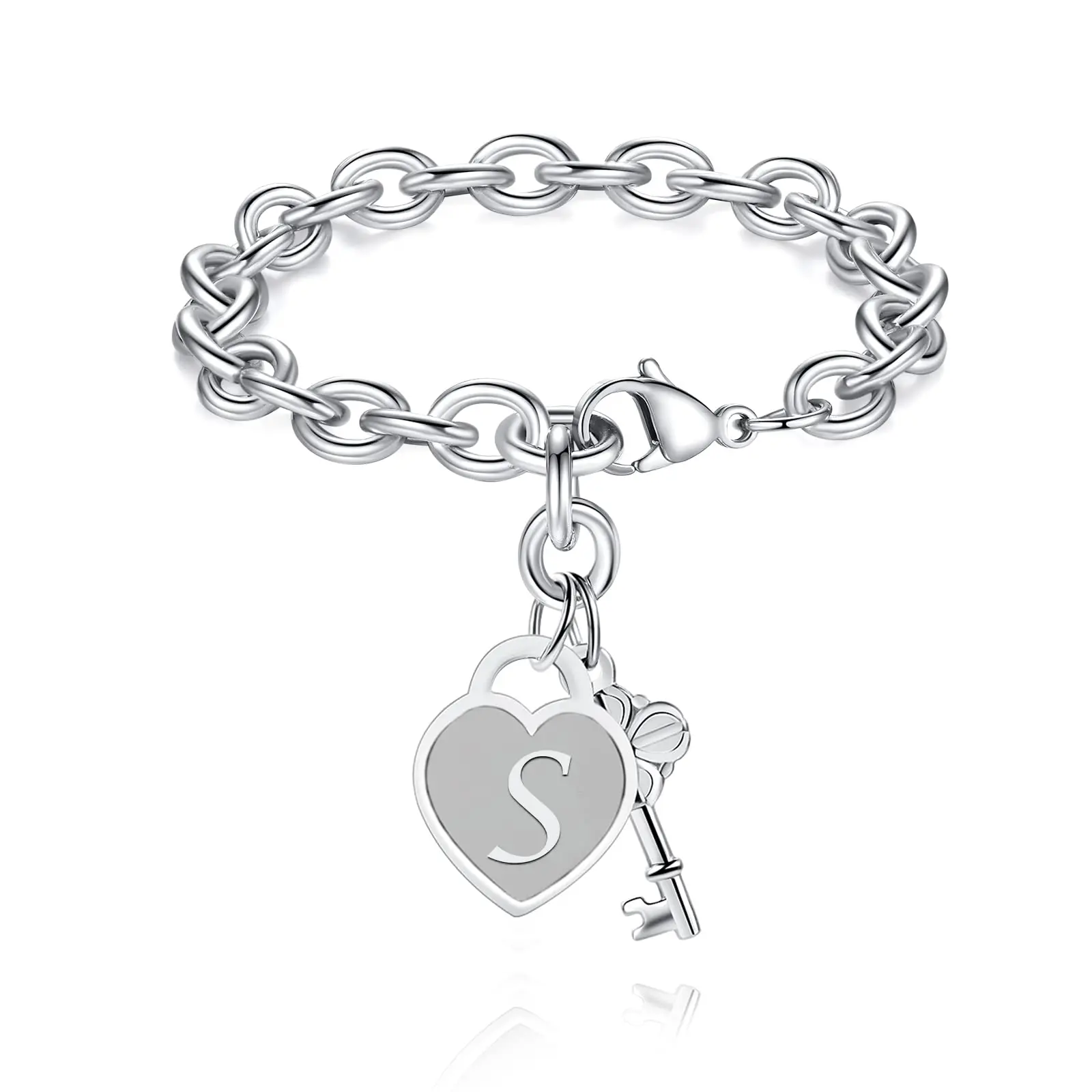 Women's Initial Heart Stainless Steel Chain Bracelet - Engraved Multiple Letter Charms, Casual Everyday Wear Jewelry Gift for Birthday, Christmas, Unisex Fit