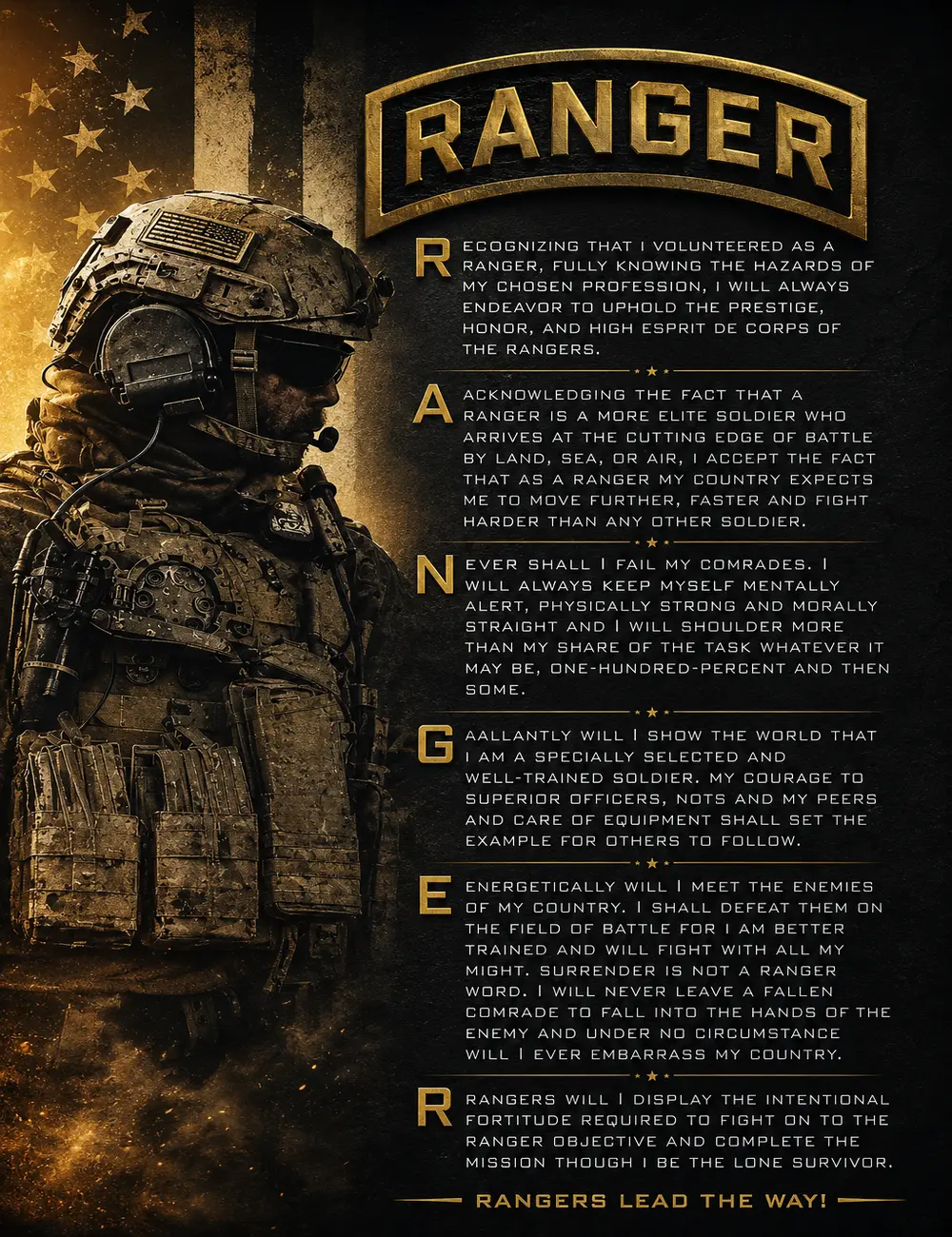 US Army Ranger Creed Poster Military Wall Art Ranger Oath Print Patriotic Veteran Gift Army Ranger Canvas Inspirational Soldier Decor Armed Forces Office Wall Decoration Man Cave Barracks Home Gym Memorial Gift for Veterans Active Duty Military Families