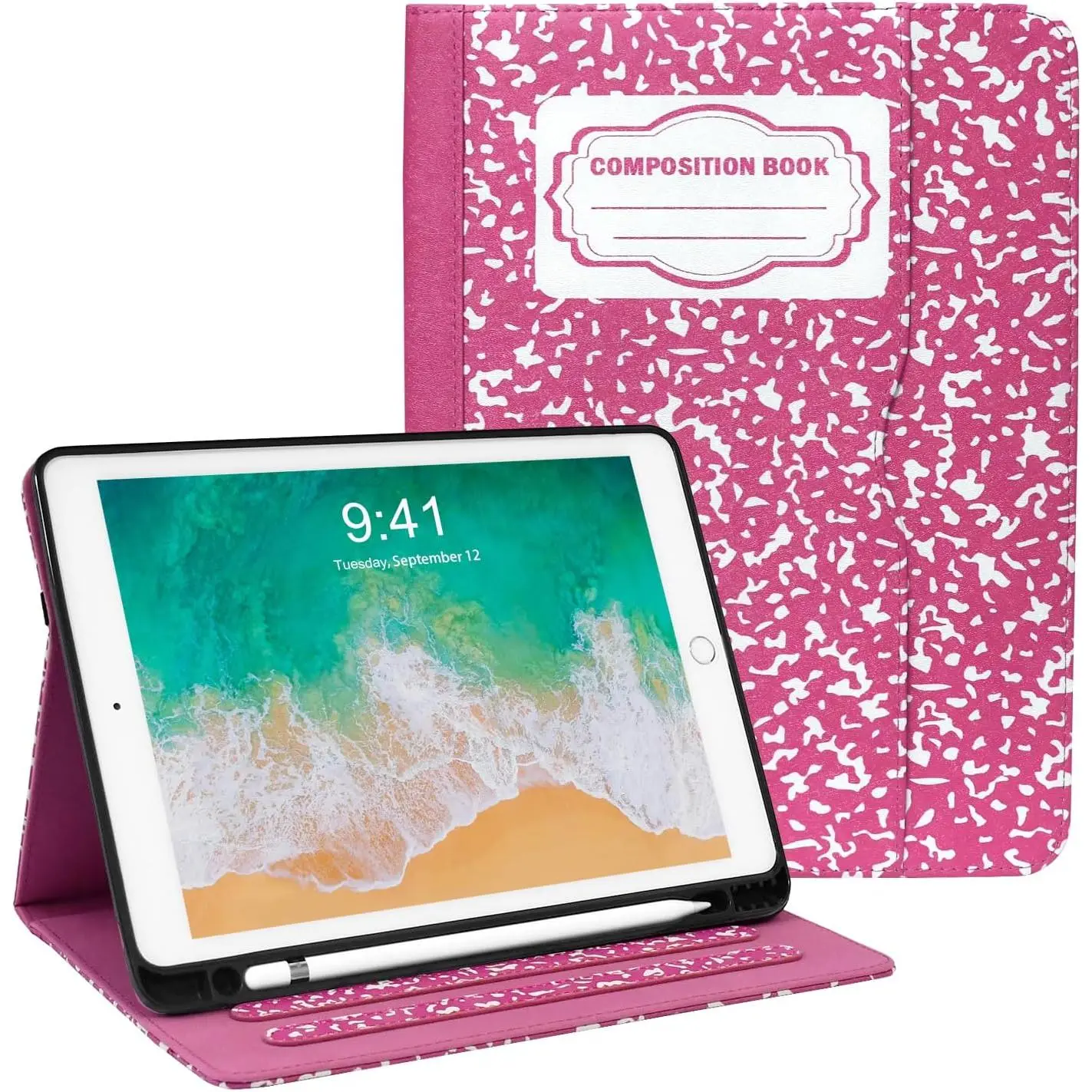 for iPad 6th 5th Generation Cases 2018 2017, iPad Air 2 Case 2014, iPad Air 2013, iPad Pro 9.7 inch Case 2016 with Pencil Holder, Leather Cover for , Women, Men, Composition Book Pink