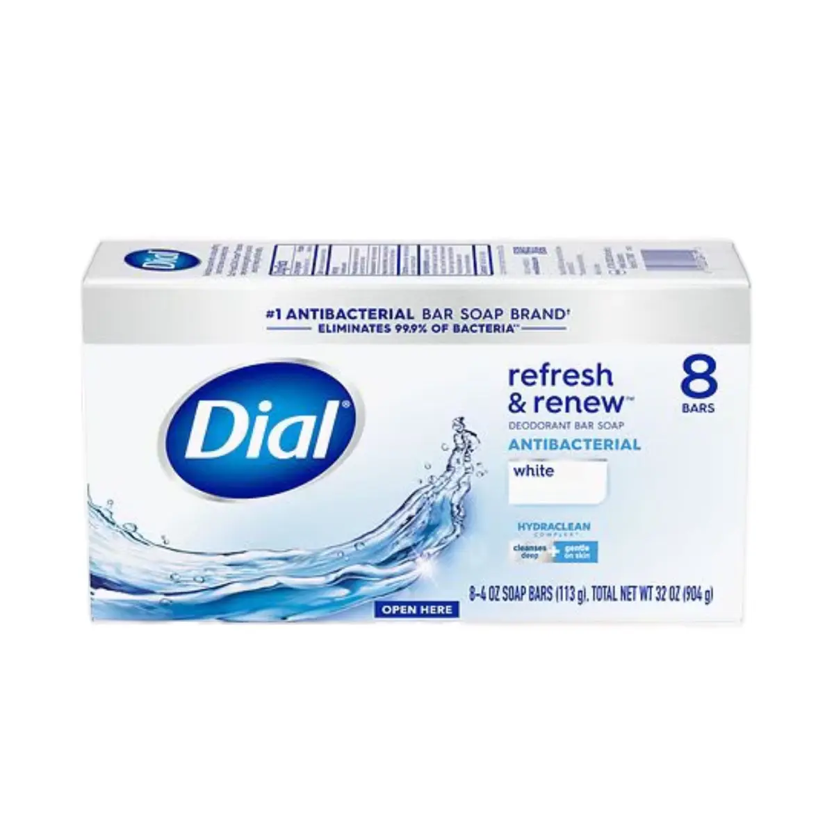 Dial White Anti-Bacterial Solid Deodorant Bar Soap, Daily Cleansing, Refresh & Renew, 4.0 oz Bars, 8 Pack, Beauty & Personal Care Bath & Shower Product, Body Care Product