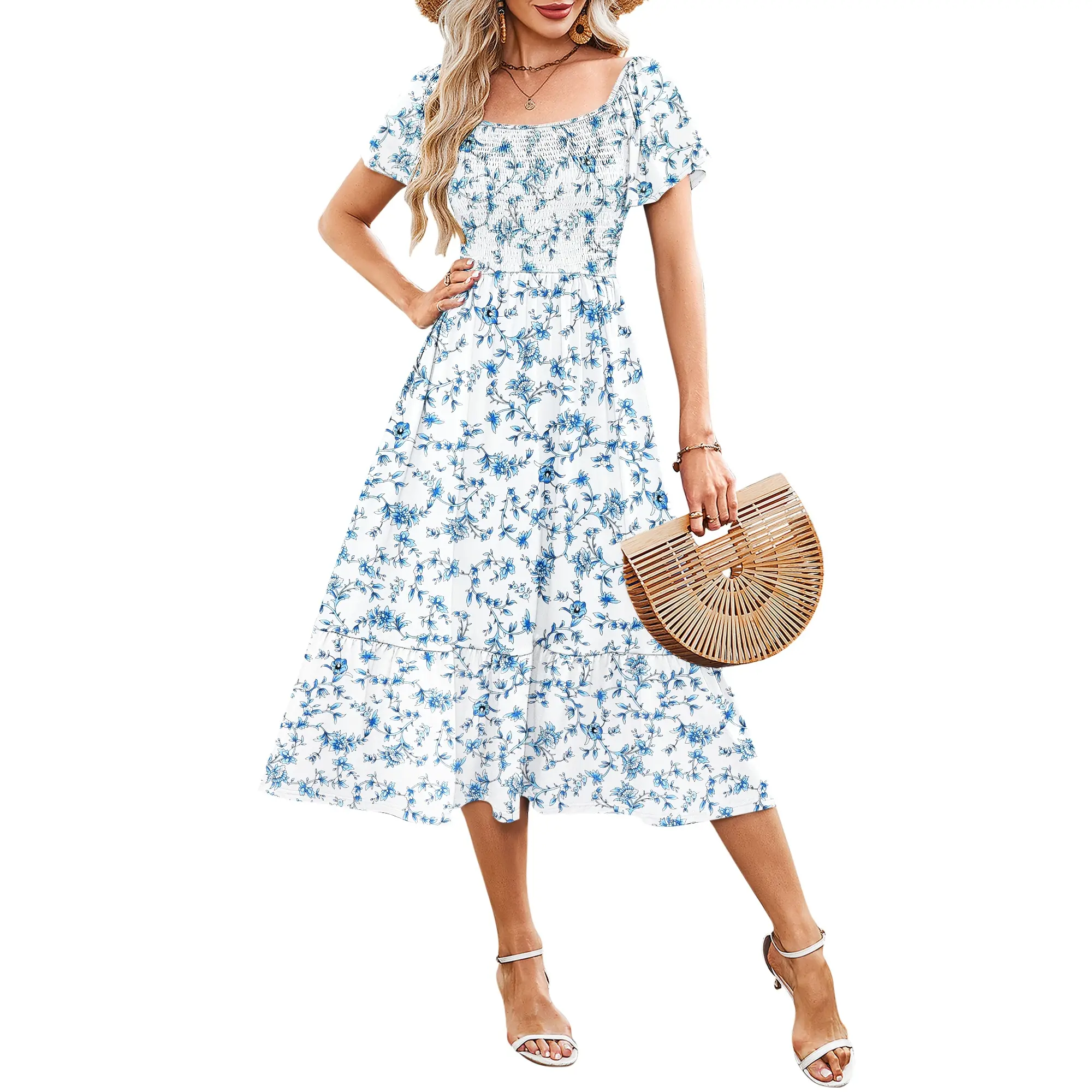 AUSELILY Women's Square Neck Summer Empire Waist Dress Smocked Flutter Short Sleeve Midi Dresses 2026 New