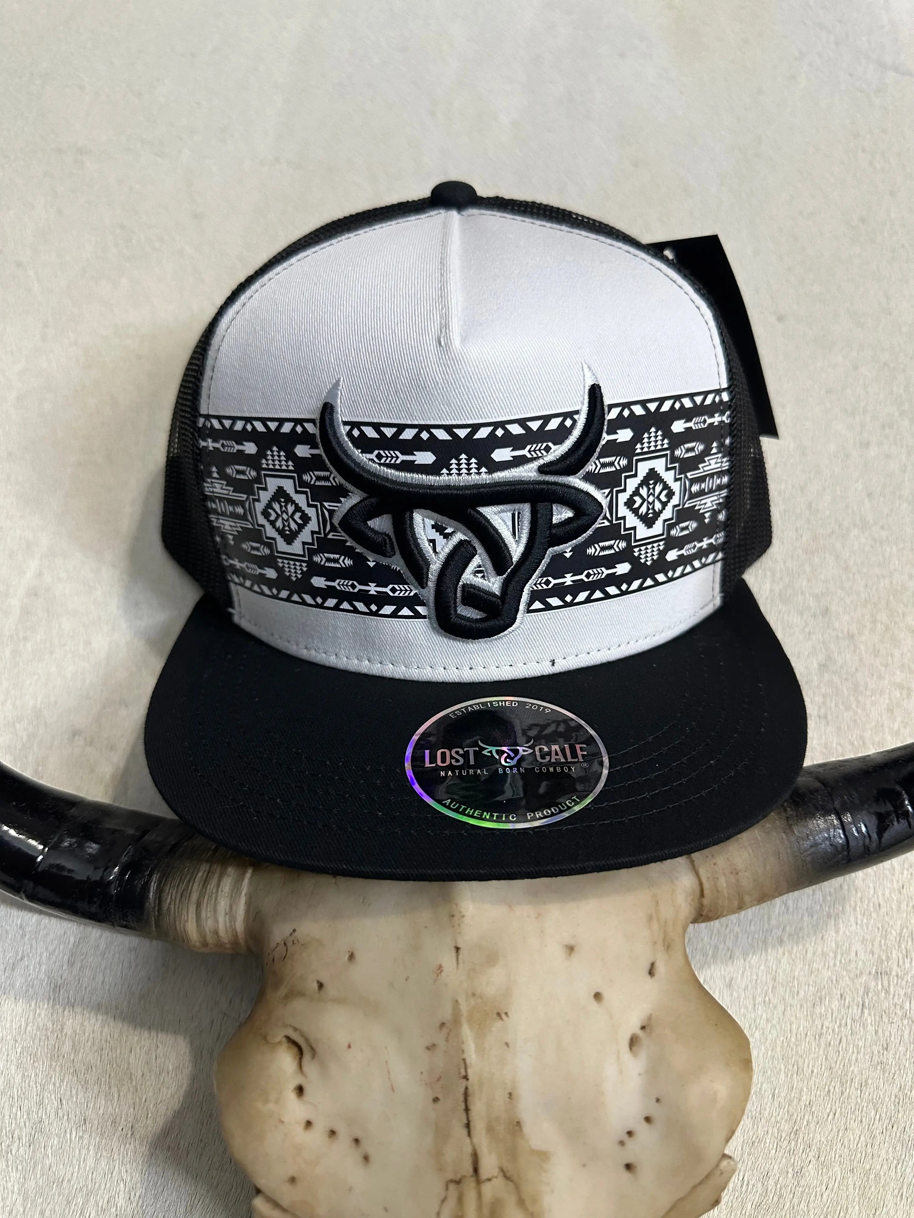 Lost Calf Shima Black White Hat with Unique Design and Patch, Black Strap and White Front Panel