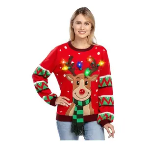 Womens LED Light Up Reindeer Ugly Christmas Sweater Built-in Light Bulbs