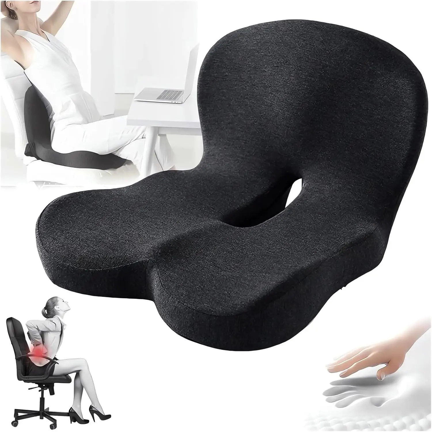 summerwins Enhanced Seat Cushion - 17.3x16.5" Non-Slip Memory Foam Car Seat Padding, Skin-Friendly Breathable Fabric, Orthopedic Form, Extended Zipper for Zippered Removal & Easy Cleaning, Comfortable Back Support, Leg Pressure Relief (Black/Gray), Comfor