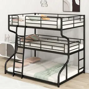 Triple Bunk Beds Full XL Over Twin XL Over Queen Size, Metal Bunk Bed Frame 3 Bed Bunk Beds with 2 Ladder/Full-Length Guardrails (Black)
