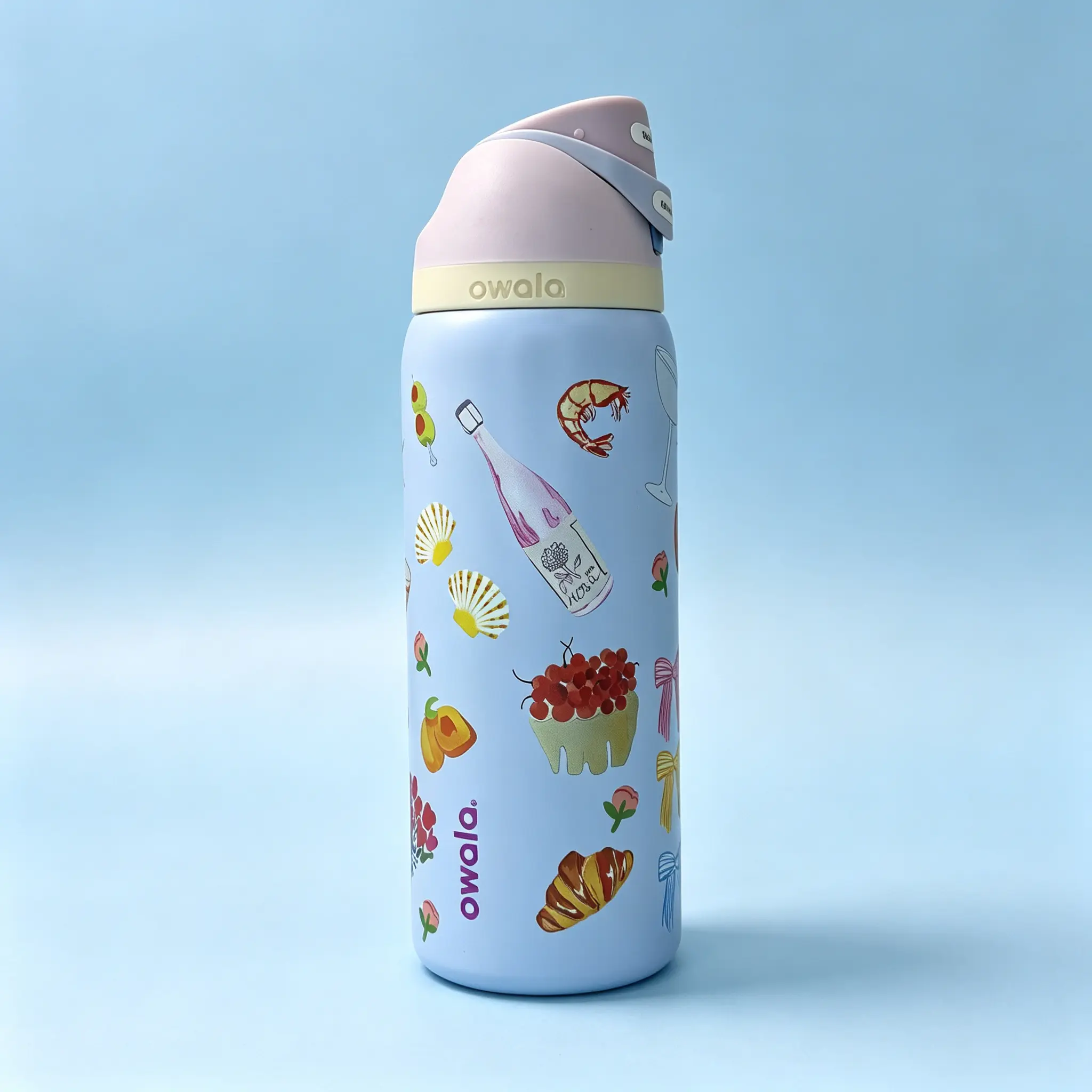Owala 32oz Coastal Lobster & Cocktail Print Insulated Water Bottle - Leak-Proof Flip Lid with Button, BPA-Free, Coquette Lobster & Bow Design, Portable Stylish Vacuum Flask for School/Travel, All-Day Hydration Bottle