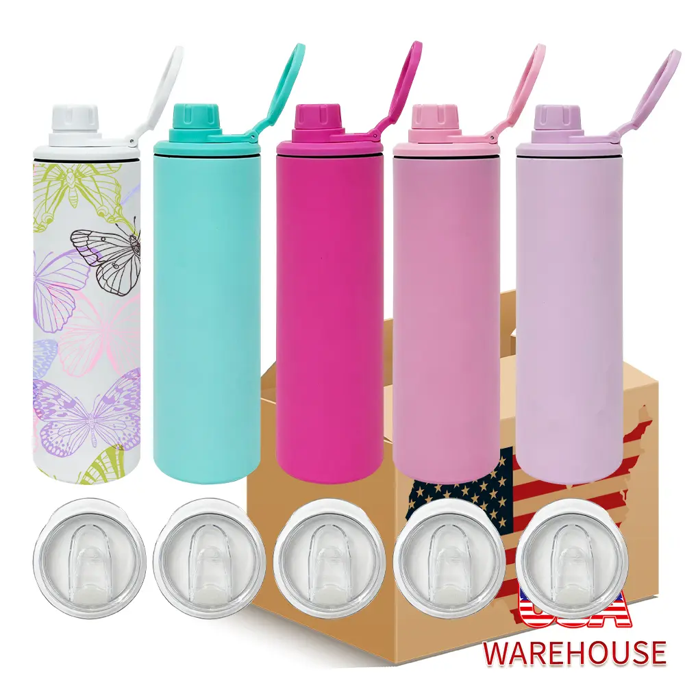 25pcs 20oz Duo Lids Macaroon Colors Blank Sublimation Water Bottles USA Warehouse Sublimation Straight Tumblers Skinny Water Bottles for Sublimation
