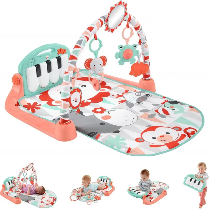 Baby Activity Gym with Kick & Play Piano - Pink & Teal Musical Playmat, 5 Sensory Toys, Mirror Toy, Adjustable Arch, Machine-Washable for Newborns-Toddlers (6-9 Months) Indoors, No Plastic
