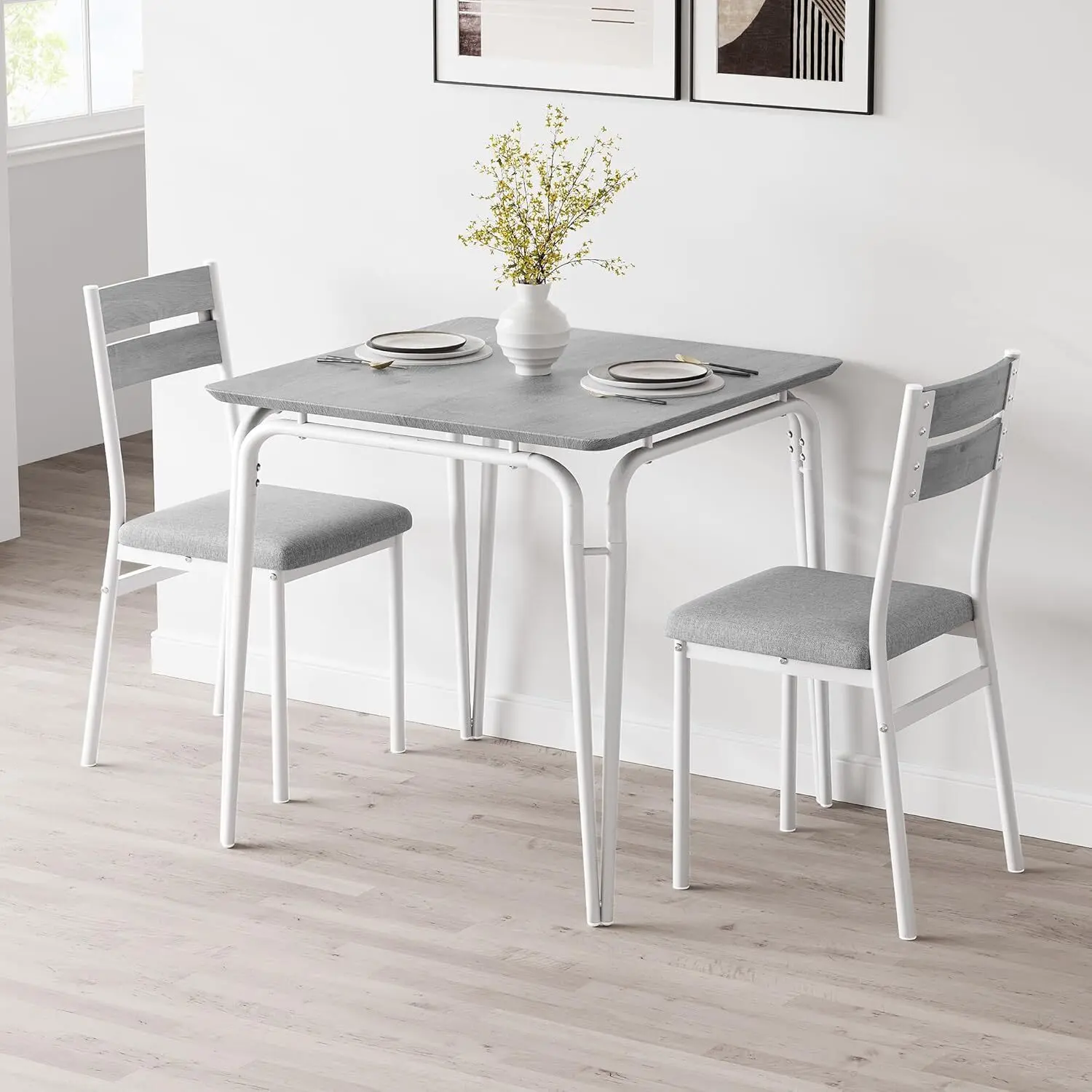 Dining Table Set for 2 with Storage Square Kitchen Table and 2 Upholstered Chairs Metal Frame Compact Space Saving Apartment Dinette Set 29.1 * 29.1 * 30Inch Gray Sturdy Construction Sleek Style Fast Assembly Easy Clean