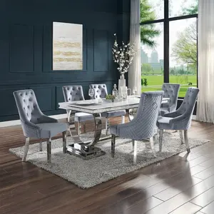 Acme 68250-64 Zander Modern Glam 7-Piece Dining Table Set with Chrome Metal Frame & White Faux Marble Top Includes 6 Grey Fabric Chairs