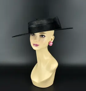 M23156 Black Medium Flat-Brim Sinamay Fascinator Hat for Kentucky Derby, Church, Wedding, Easter, Royal Ascot, Cocktail Events, 16.5" Width
