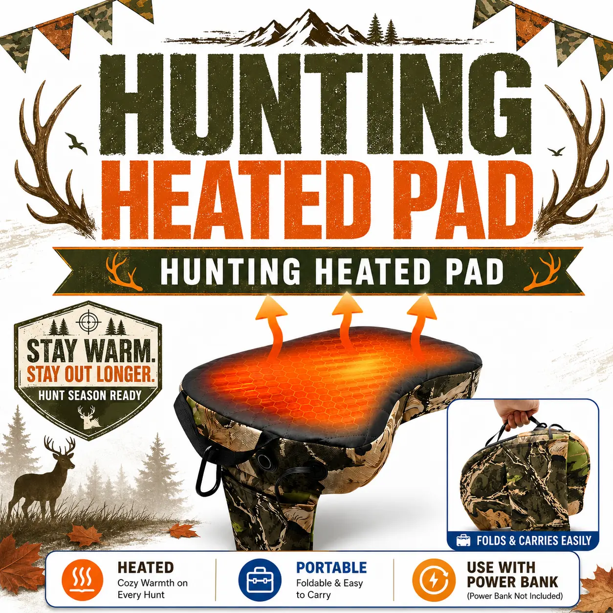 Portable Foldable Heated Hunting Seat Cushion, 3 Heat Settings, Oxford Cloth USB Outdoor Seat Pad for Hunting, Camping & Sports Bleachers, Power Bank Compatible