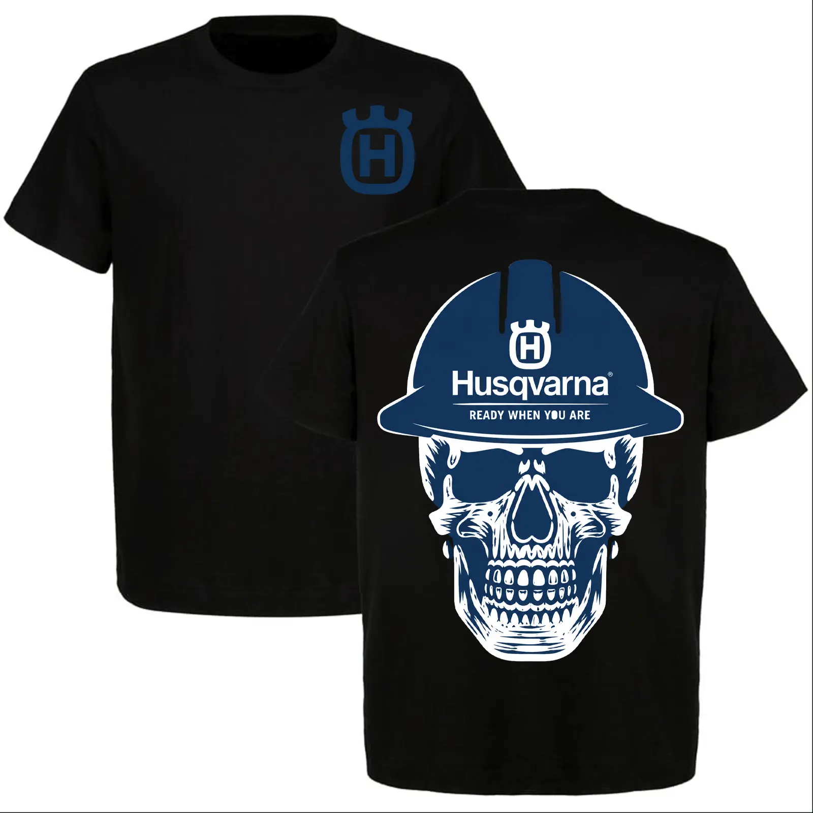 Husqvarna Skull Hard Hat T-Shirt, Ready When You Are Construction Graphic Tee, Mens Vintage Workwear Shirt