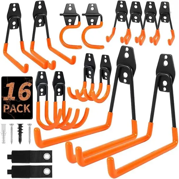 [New Deal] 16-Pack Heavy-Duty Garage Hooks Set, Adjustable Rubber-Coated Wall-Mount Utility Hooks for Garage Users, Tool Hangers, Ladder Holders with Mounting Screws (Assorted Sizes, Orange)