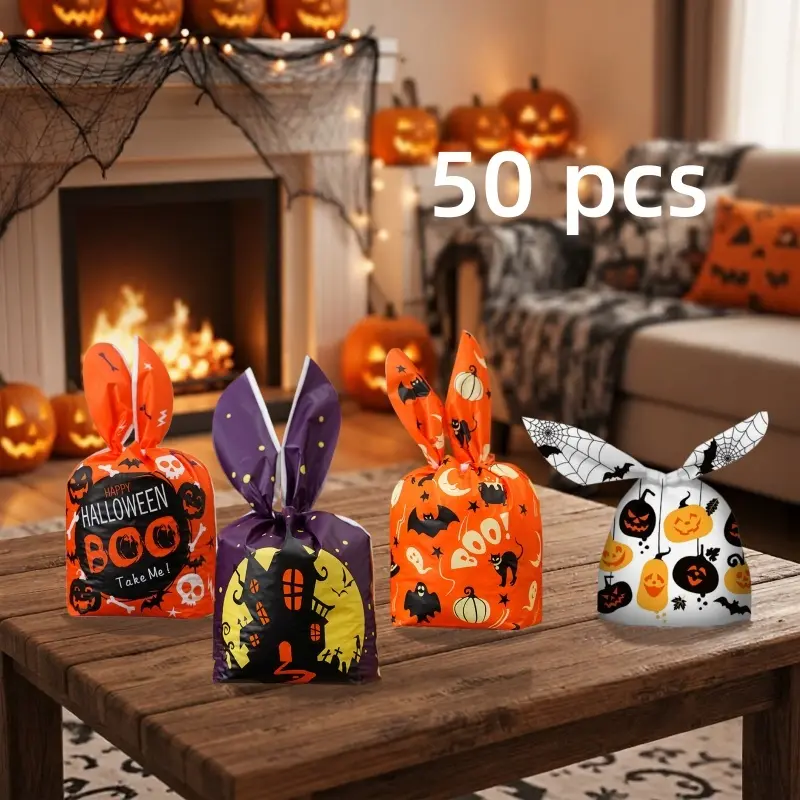 [Back to School]50 PCS Adorable Bunny Ear Pumpkin Halloween Treat Bags, Multipurpose Disposable Plastic Packaging Pouches, Candy Snack Baking Biscuit Gift Storage Bags, Ideal For Halloween Trick Or Treat, Kids Party, Holiday Goodie Favors Supplies-MM1