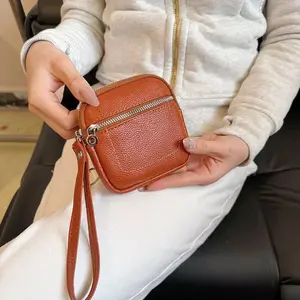 Square Leather Mini Card Wallet Coin Purse,Zipper Lock Design, Fashion Money Bag,Unisex Perfect Gift, All Seasons Casual Style