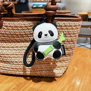 Leather panda keychain, cute cartoon flower bamboo leather light luxury couple bag, pendant gift