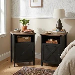 2-Pack Wooden Farmhouse Nightstands - Barn-Style Flat-Pack Bedside Tables with Cabinet & Open Shelf, Small Indoor Side End Table for Bedroom, Classic Home Furniture in White, Black, Grey, Blue, Light Oak, Dark Oak, Barn-Style Bedside Tables