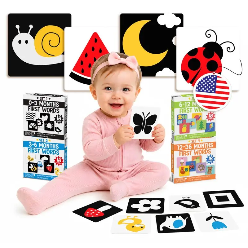 Hadley Designs Baby Flash Cards, 72 Piece High Contrast Set for Newborns to Toddlers, 4 Stage Learning Cards for Newborn Vision, Colors and Vocabulary