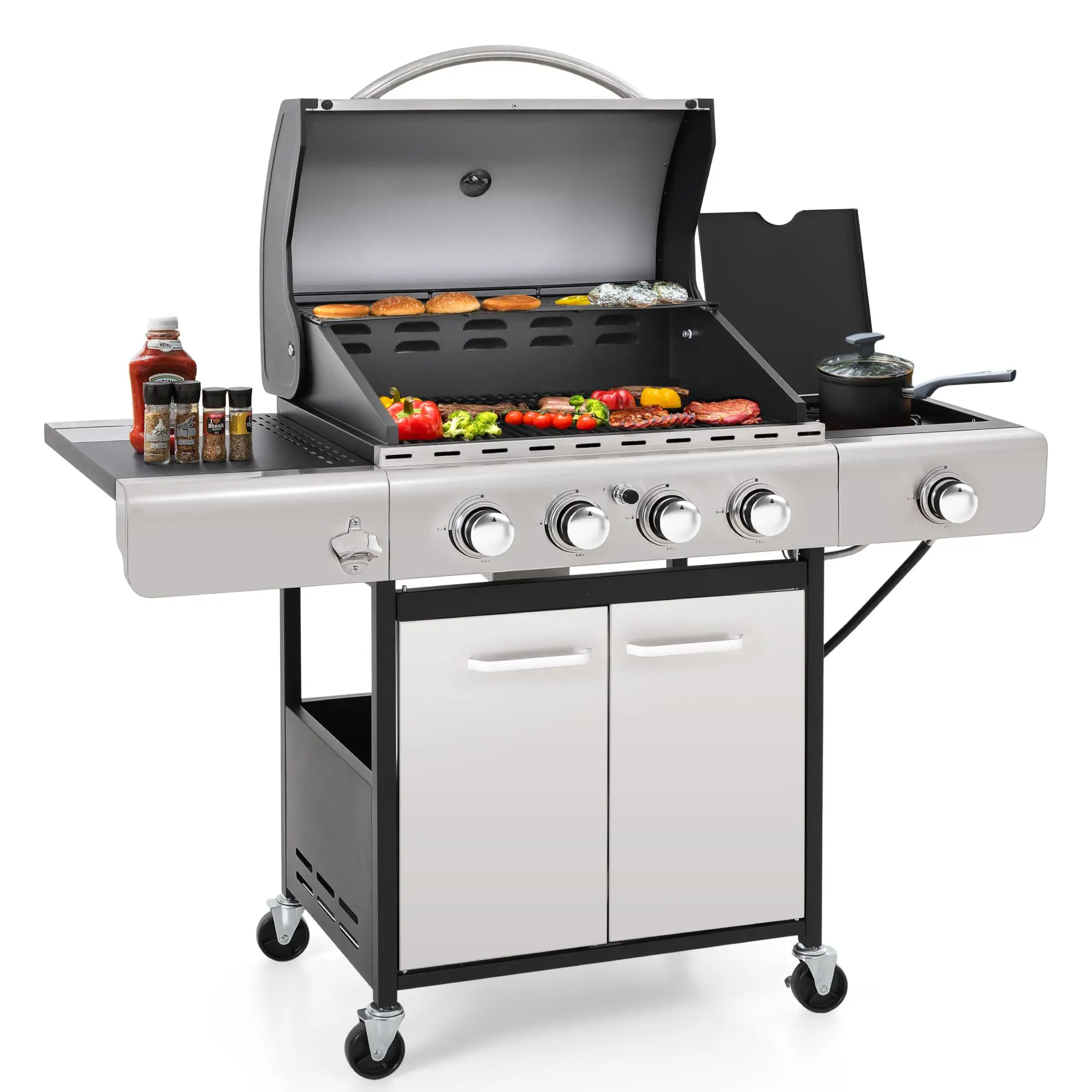 Captiva Designs 4-Burner Propane Gas BBQ Grill with Side Burner and Porcelain-Enameled Cast Iron Grates, Stainless Steel Barbecue Grills Outdoor Cooking, 42,000BTU