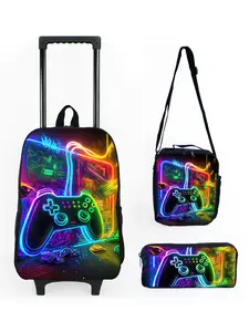 Game player pattern printed 17 inch pull rod backpack three piece set Trolley Bags Rolling Bags