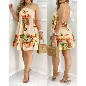 Tropical Print Halter Neck Dress, Vacation Style Backless Dress For Spring & Summer, Women's Clothing