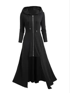 Women's Solid Zip Up Hooded Coat, Regular Fits Casual Long Sleeve High Low Drawstring Pocket Outerwear Jackets for Spring & Fall, Casual Wear, Women's Clothing for Daily Wear