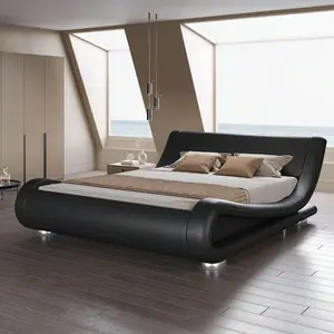 Full/Queen/King Size Upholstered Bed Frame, Deluxe Low Profile Sleigh Bed With Faux Leather Ergonomics Headboard, No Box Spring Needed & Easy Assembly, Black