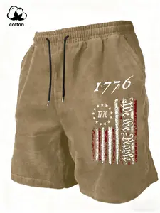 Men's Summer Flag Pattern Print Drawstring Waist Shorts, Fashion Retro Cotton Material, Outdoor Casual Wear, Fitted Short Pants