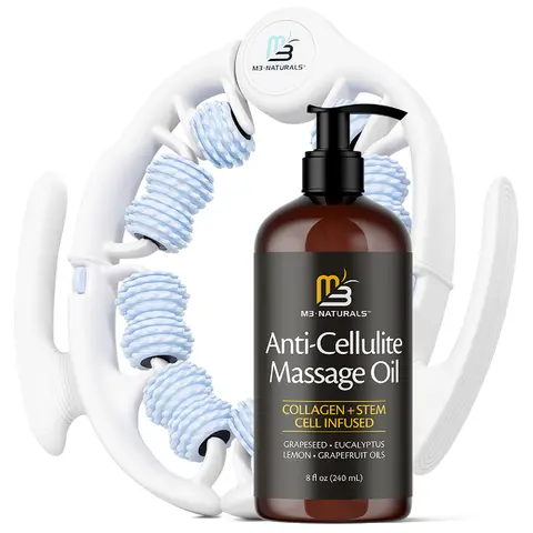 Anti Cellulite Oil and Lymphatic Drainage Massager Set | Skin Tightening Fascia Blaster for Contoured & Smoother Skin | Muscle Roller for Sore Arms, Legs, and Stomach, 8 fl oz by M3 Naturals Skin Tightening Oil Body Oil Kit Firming Oil Body Care