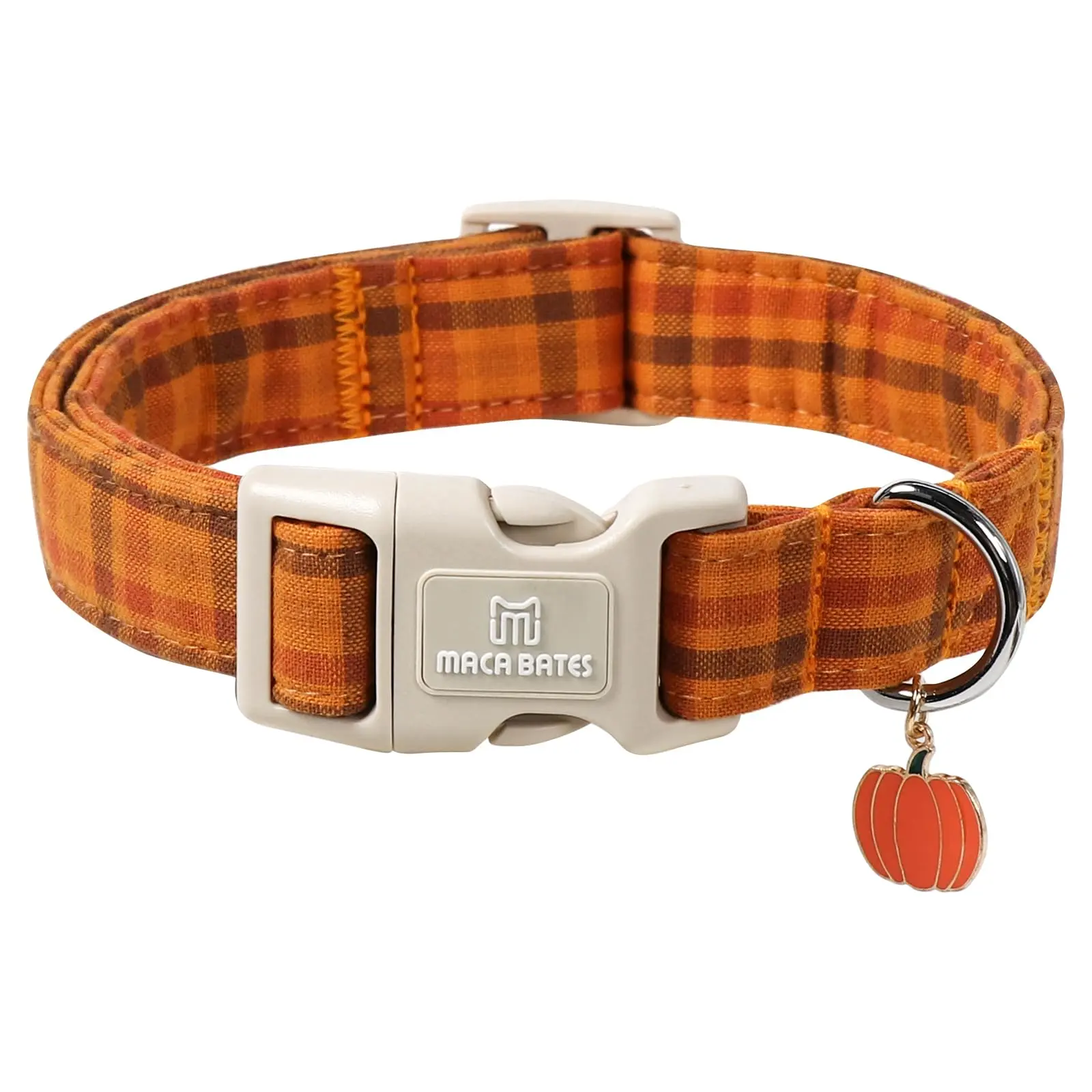 Maca Bates Fall Plaid Dog Collar — Brown Gingham Collar with Pumpkin Charm, Adjustable Soft Collar with Safety Buckle for Small, Medium & Large Dogs tiktokshopbacktoschool