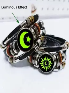 Vintage Punk Sun Moon Lover Leather Bracelet, Multi Layer Beaded Weaving Design, Stylish Accessory for Everyday Wear, Gothic Jewelry