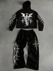 TikTok Viral Gothic Angel & Thorns Tracksuit – White Crop Hoodie & Black Pants, Edgy Streetwear Essential for Y2K & Grunge Aesthetic, Perfect for Bold Casual Outfits with Intricate Dark Graphics, Streetwear Tracksuit Set
