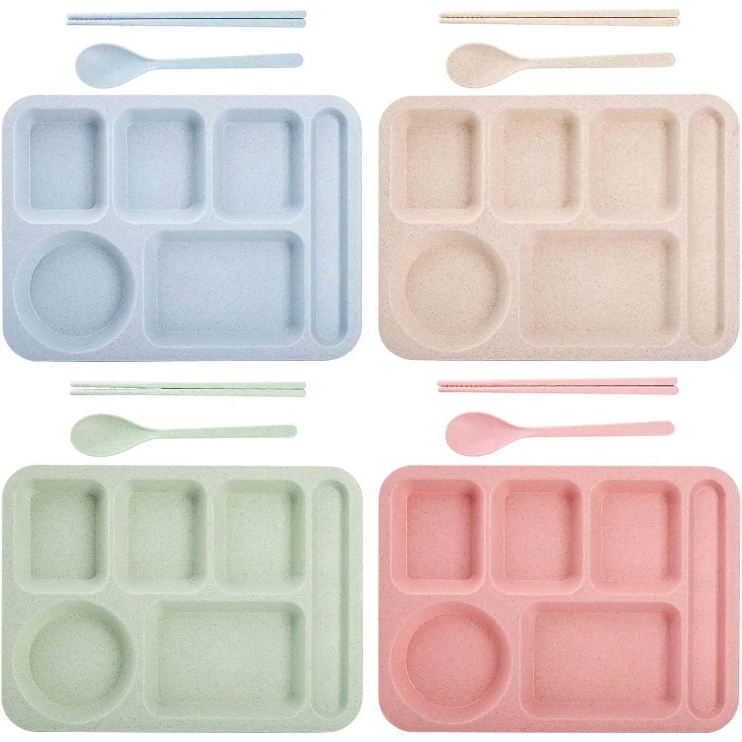 4 Pack Unbreakable Divided Plates  6 Compartments Wheat Straw Section Plastic Dinner Plate Sets for Adults School Lunch Trays Microwave &amp; Dishwasher Safe 14"x10.5"
