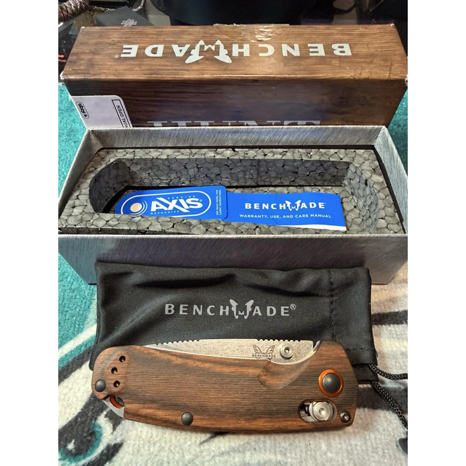 Benchmade North Fork Knife with S30V Steel and Select Edge, Wood Scales, Orange Accents, and Axis Logo