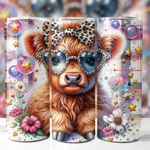 Adorable Cow Design Tumbler with Leopard Bow and Sunglasses 20oz Double Wall Skinny Tumbler Perfect for Coffee and Tea Lovers