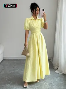 Elegant Pure Color Shirt Collar Bubble Sleeve Cross Tie Waist Fitted Dress, Soft Texture Women's Fashion Gown, Perfect for Casual & Formal Occasions